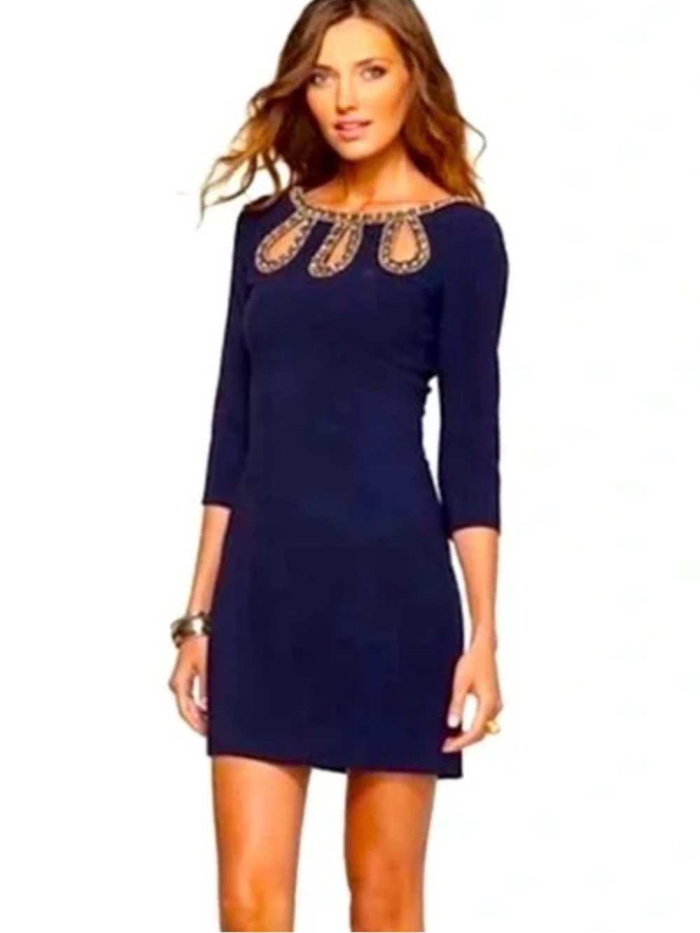 Lilly Pulitzer Bronte Embellished Shift Dress True Navy Beaded Size 14